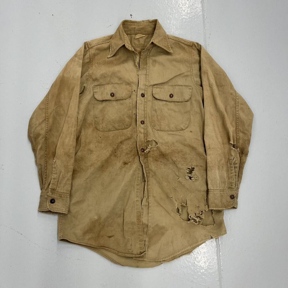 Vintage 50s Blue Bell Tan Distressed Workwear Canvas Shirt